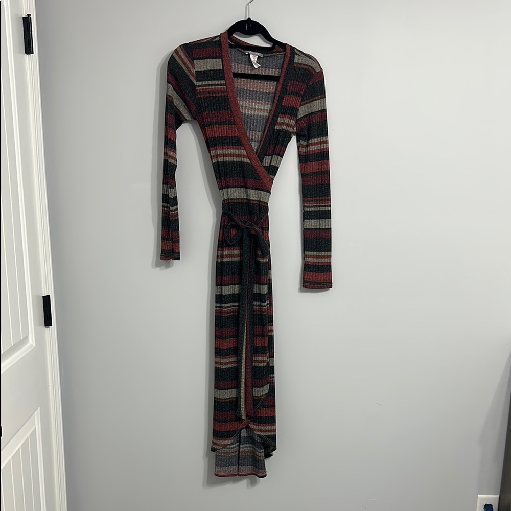 Brown and Red Long Sleeve Sweater Wrap Dress